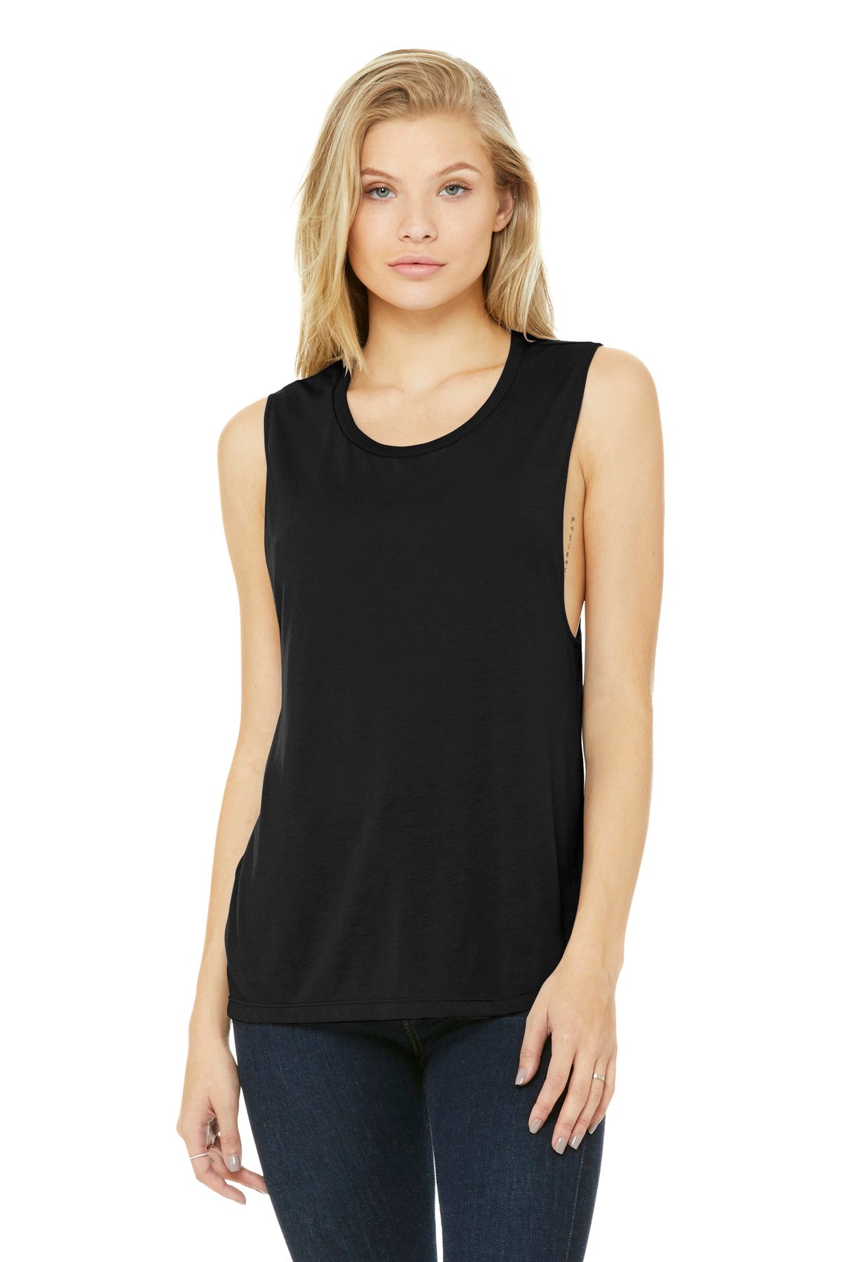 Front View of Black BELLA+CANVAS Women's Flowy Scoop Muscle Tank. BC8803