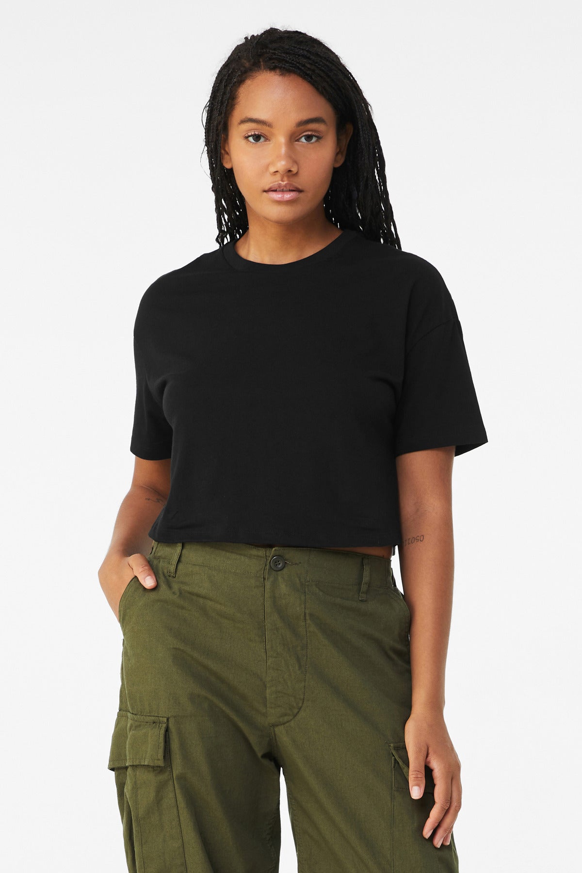Front View of Black BELLA+CANVAS Women's Jersey Crop Tee BC6482