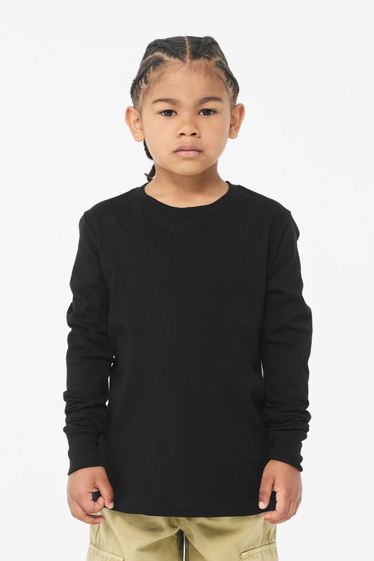 Front View of Black BELLA+CANVAS Youth Jersey Long Sleeve Tee BC3501Y