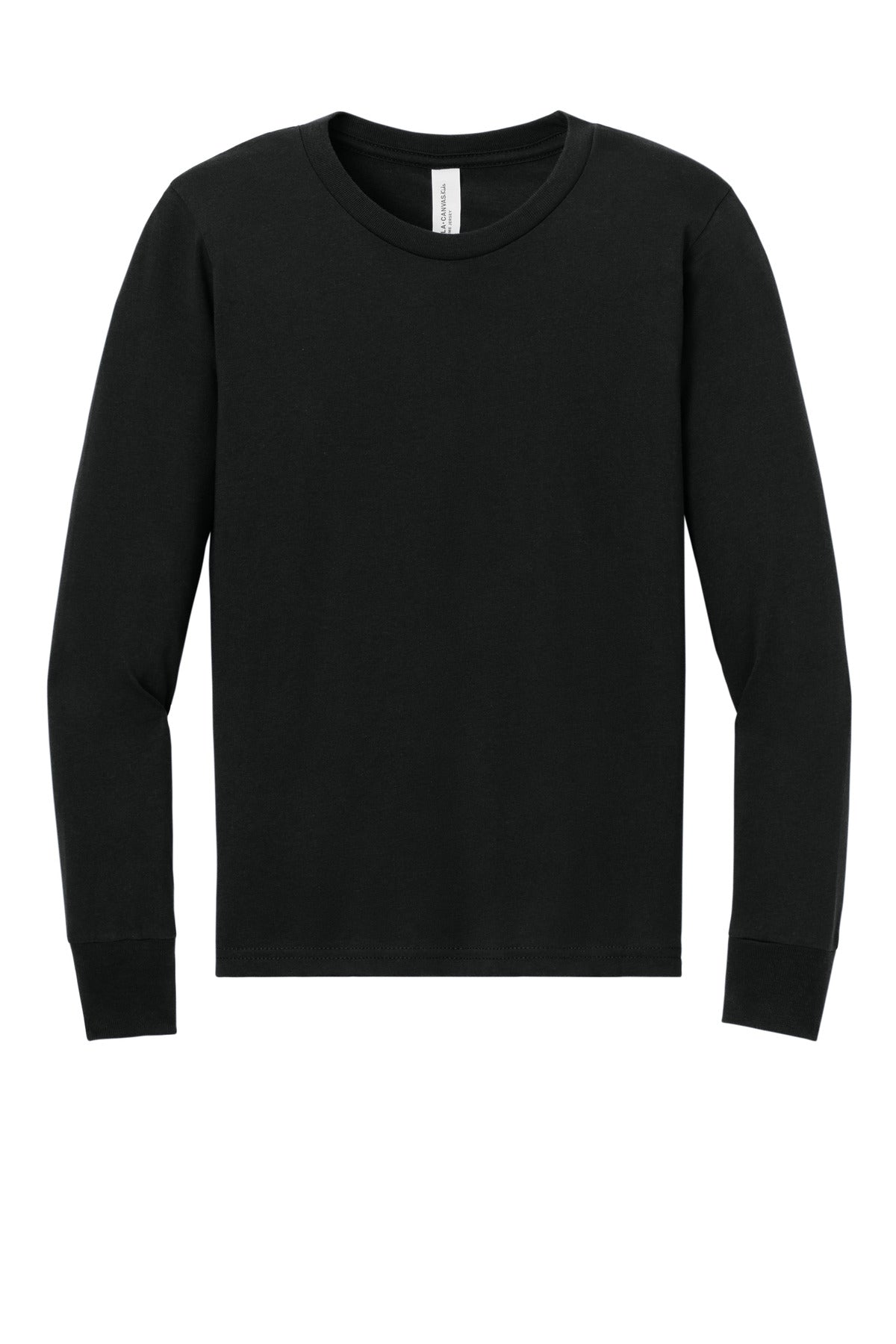 Front View of Black BELLA+CANVAS Youth Jersey Long Sleeve Tee BC3501Y