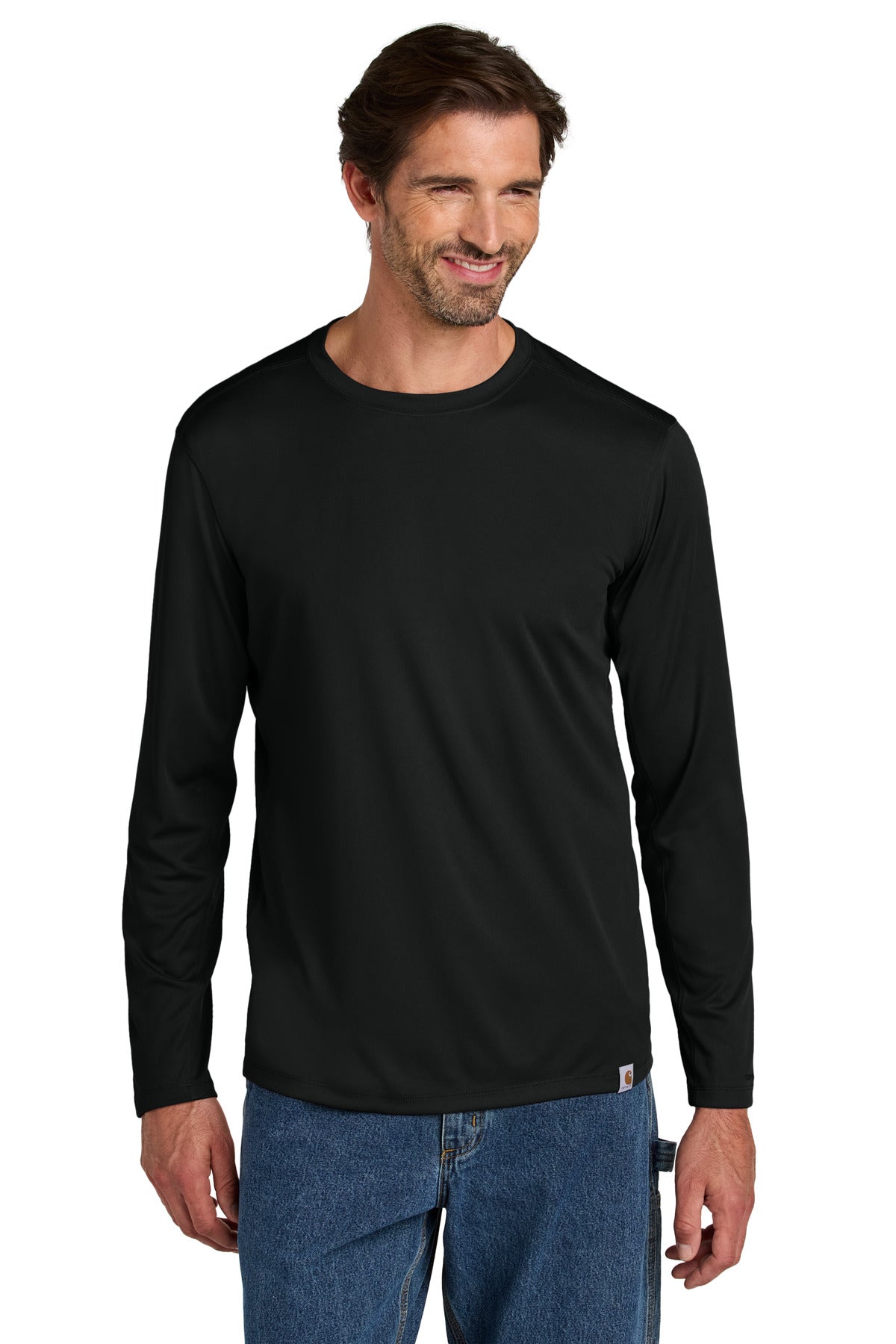 Front View of Black Carhartt Force Sun Defender Long Sleeve T-Shirt CT106972