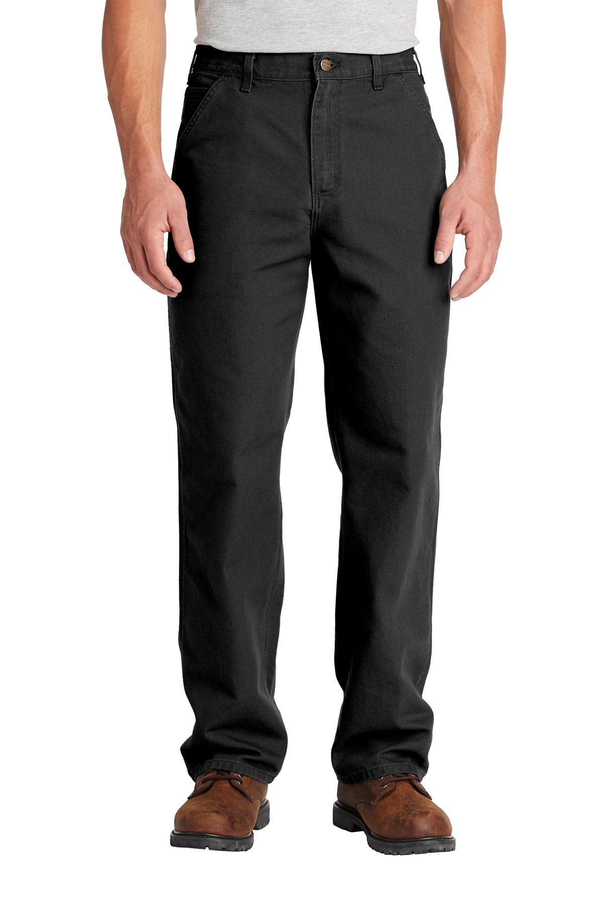 Front View of Black Carhartt Washed-Duck Work Dungaree. CTB11