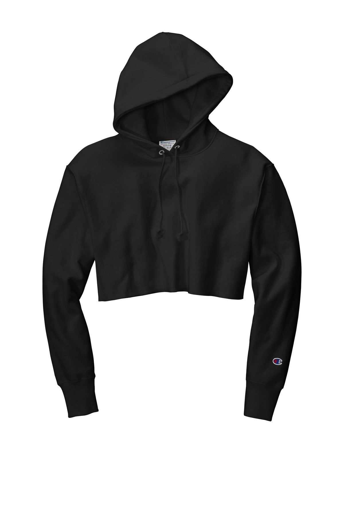Front View of Black Champion Women's Reverse Weave Cropped Cut-Off Hooded Sweatshirt RW01W