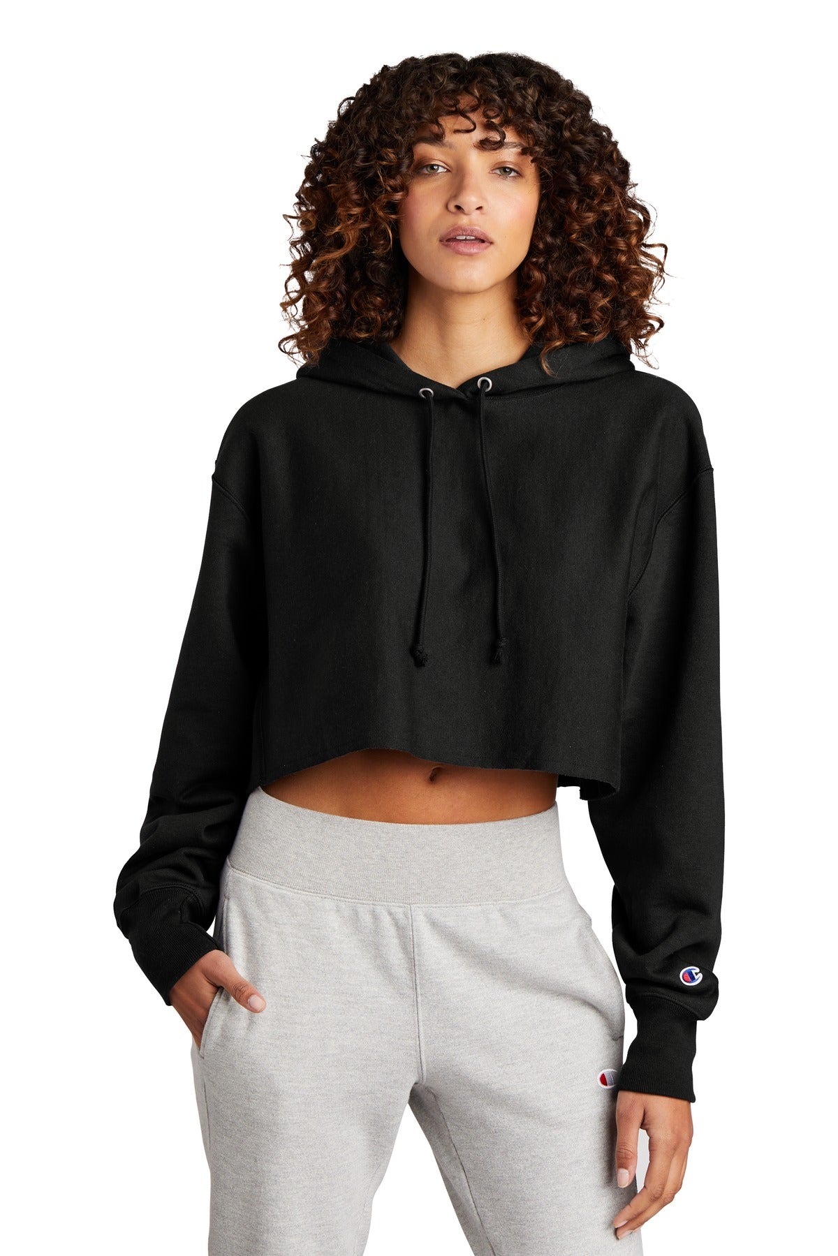 Front View of Black Champion Women's Reverse Weave Cropped Cut-Off Hooded Sweatshirt RW01W