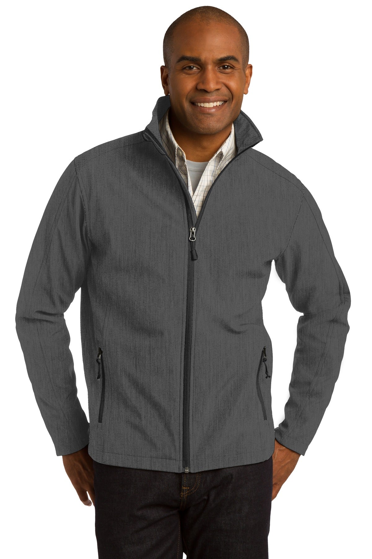 Front View of Black Char Hth Port Authority Core Soft Shell Jacket. J317