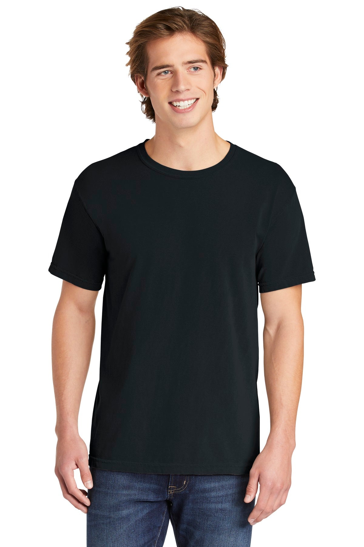 Front View of Black COMFORT COLORS Heavyweight Ring Spun Tee. 1717
