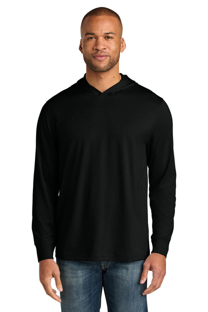 Front View of Black CornerStone Workwear Pro Long Sleeve Hooded Tee CS440LSH