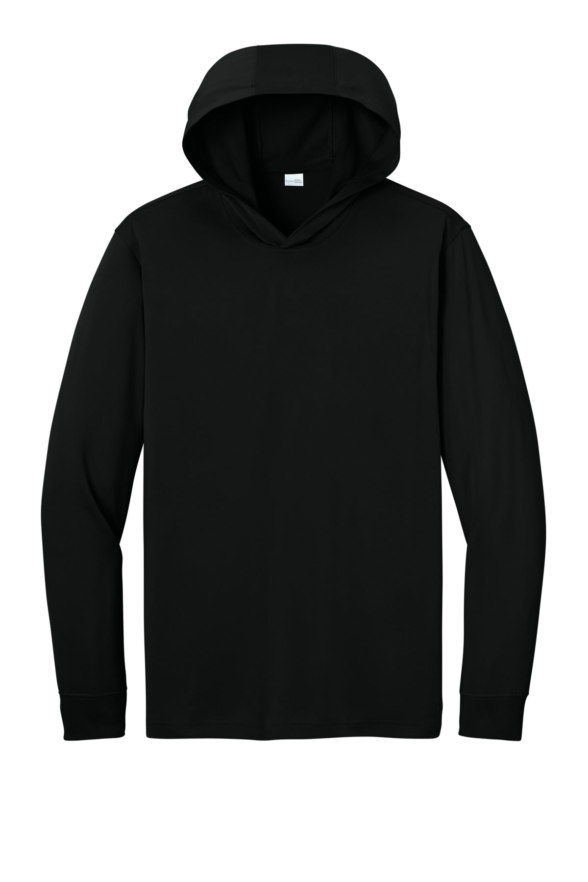 Front View of Black CornerStone Workwear Pro Long Sleeve Hooded Tee CS440LSH
