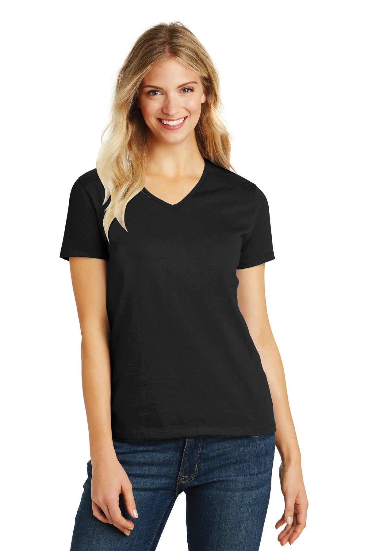 Front View of Black District Women's Perfect Blend CVC V-Neck Tee. DM1190L
