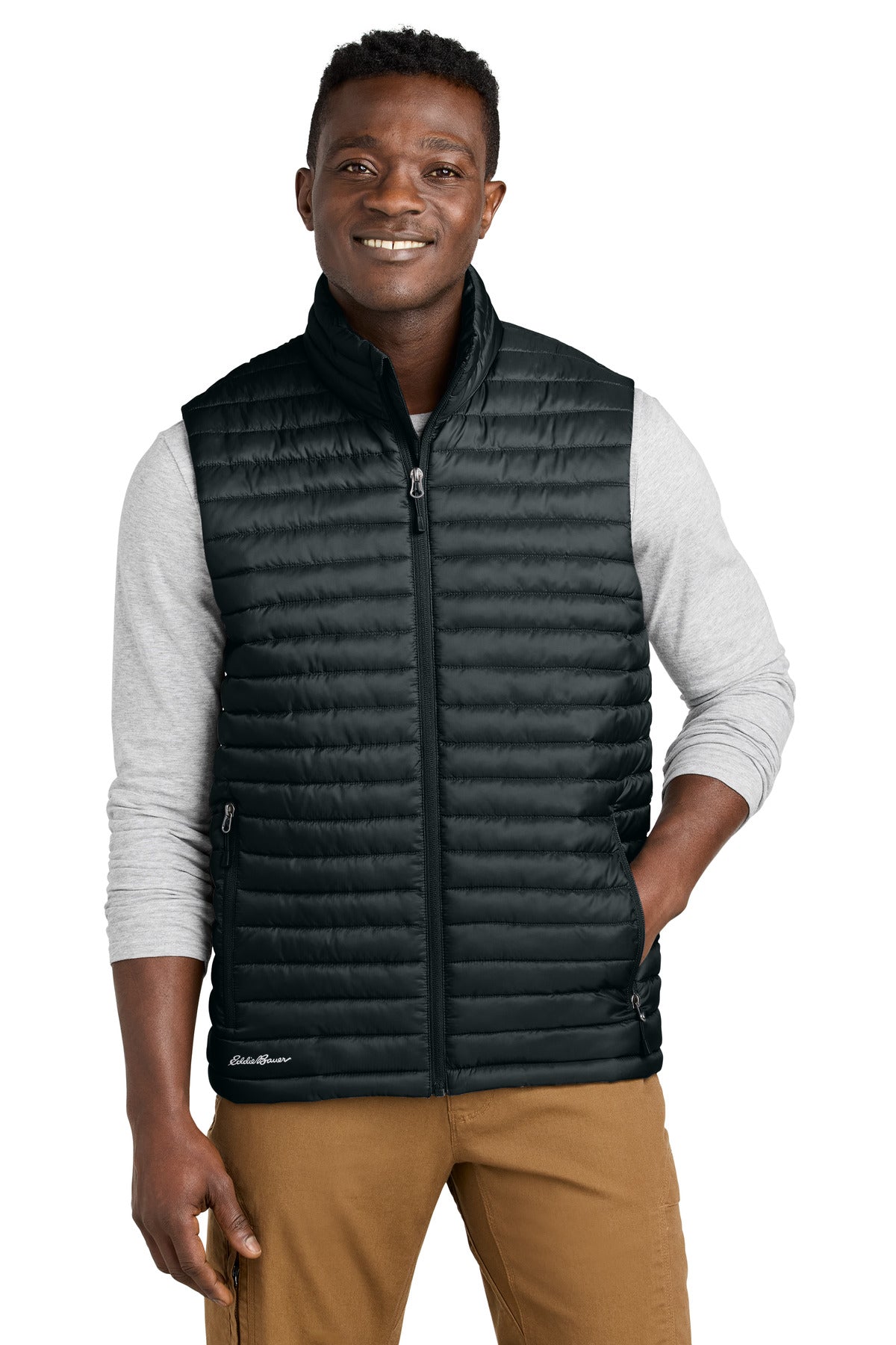 Front View of Black Eddie Bauer Packable Quilted Vest EB516