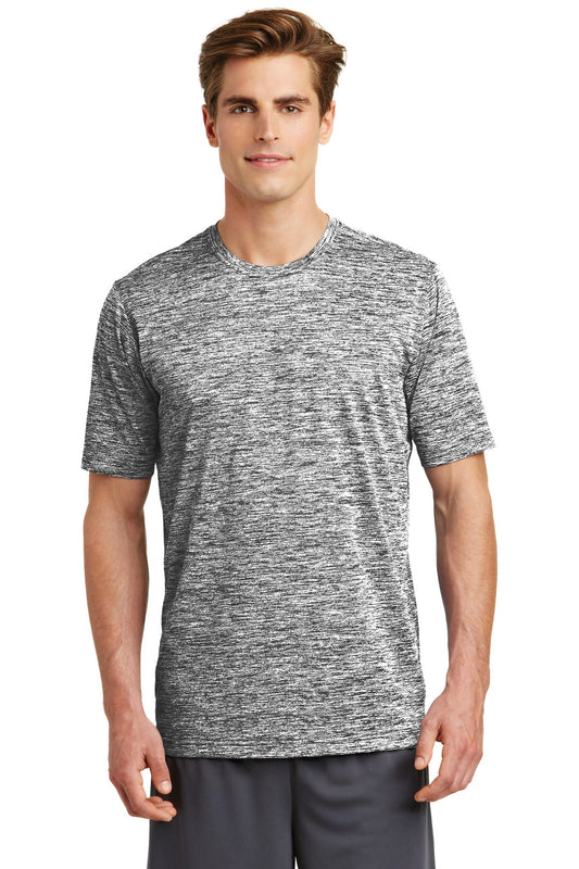 Front View of Black Electric Sport-Tek PosiCharge Electric Heather Tee. ST390