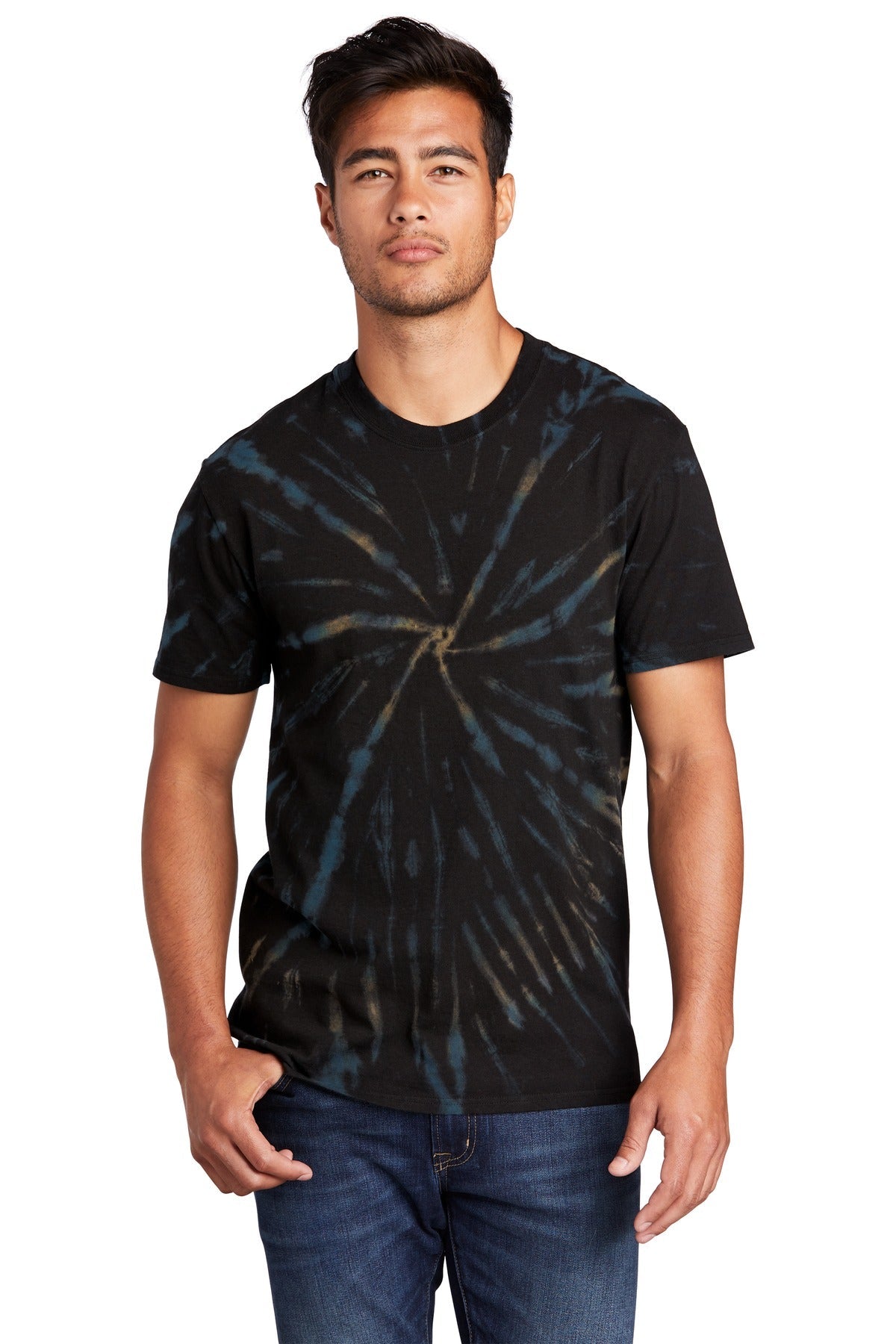 Front View of Black Galxy Sp Port & Co Tie-Dye Tee. PC147