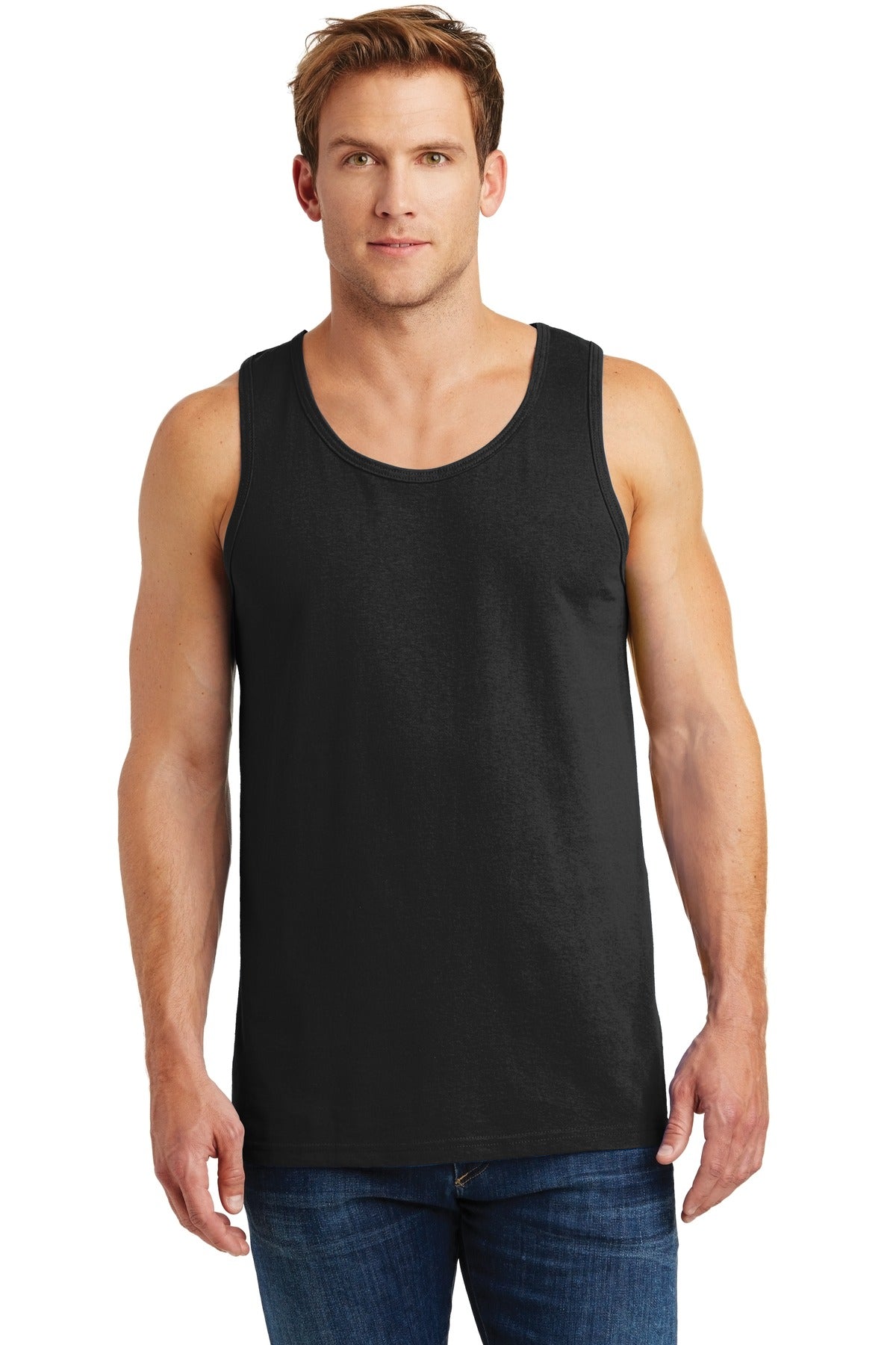 Front View of Black Gildan Heavy Cotton Tank Top. G5200
