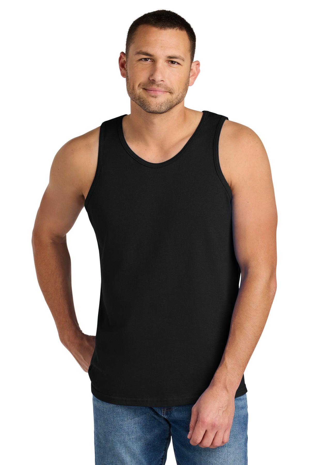 Front View of Black Gildan Heavy Cotton Tank Top. G5200