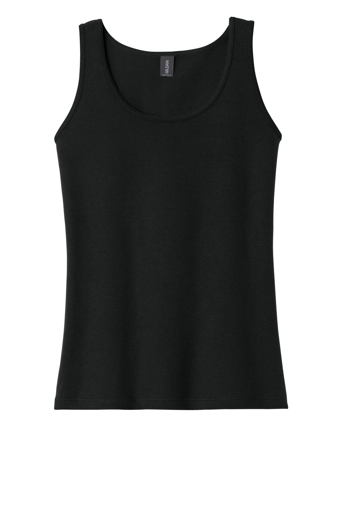 Front View of Black Gildan Softstyle Junior Fit Tank Top. 64200L