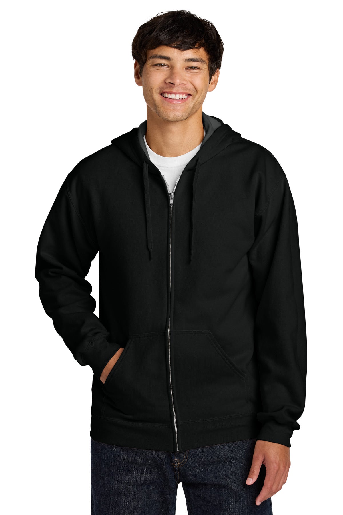 Front View of Black Gildan Softstyle Midweight Fleece Full-Zip Hooded Sweatshirt SF600