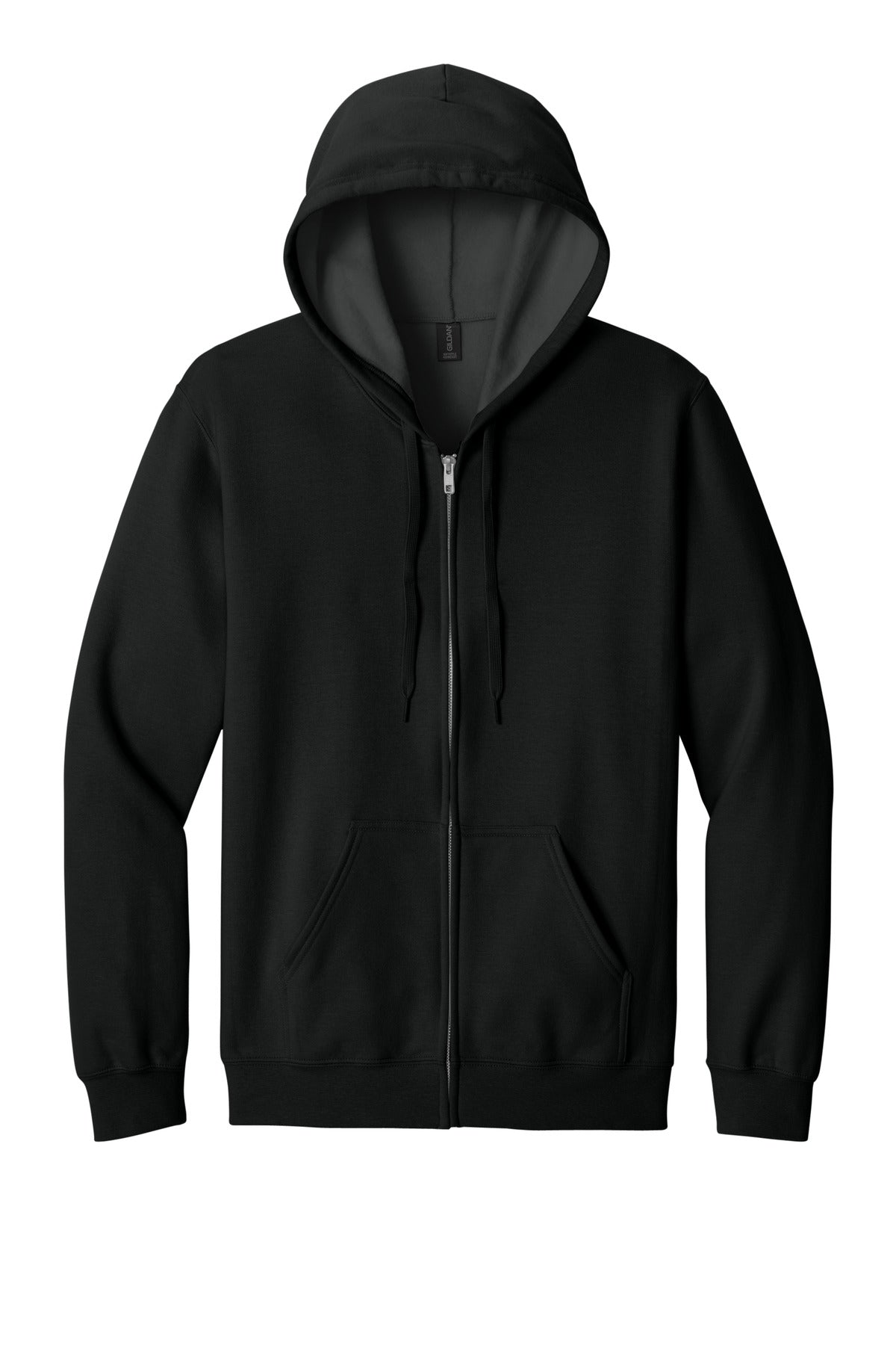 Front View of Black Gildan Softstyle Midweight Fleece Full-Zip Hooded Sweatshirt SF600