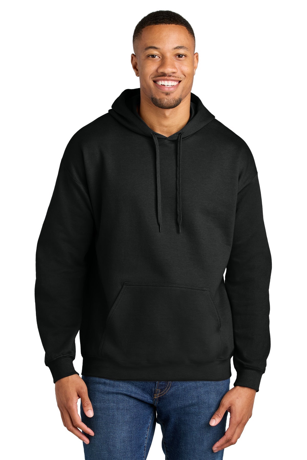 Front View of Black Gildan Softstyle Midweight Pullover Hooded Sweatshirt SF500