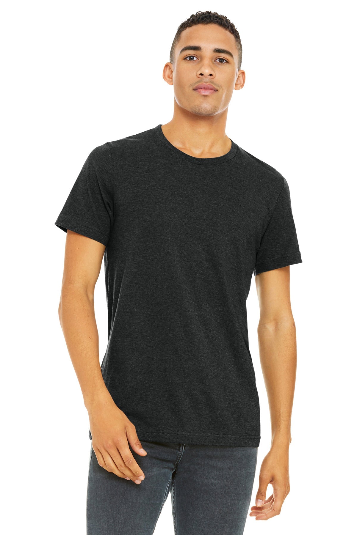 Front View of Black Ht BELLA+CANVAS Unisex Heather CVC Short Sleeve Tee. BC3001CVC