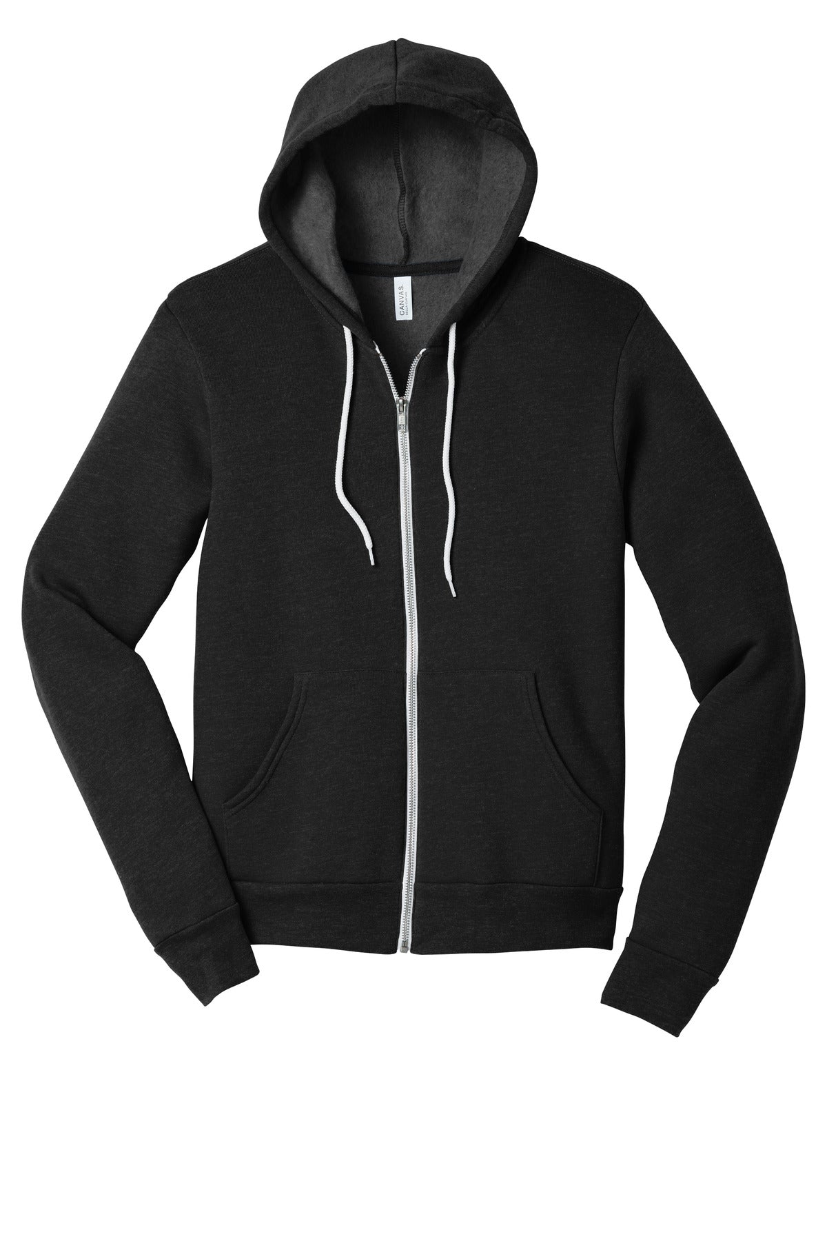 Front View of Black Ht BELLA+CANVAS Unisex Sponge Fleece Full-Zip Hoodie. BC3739