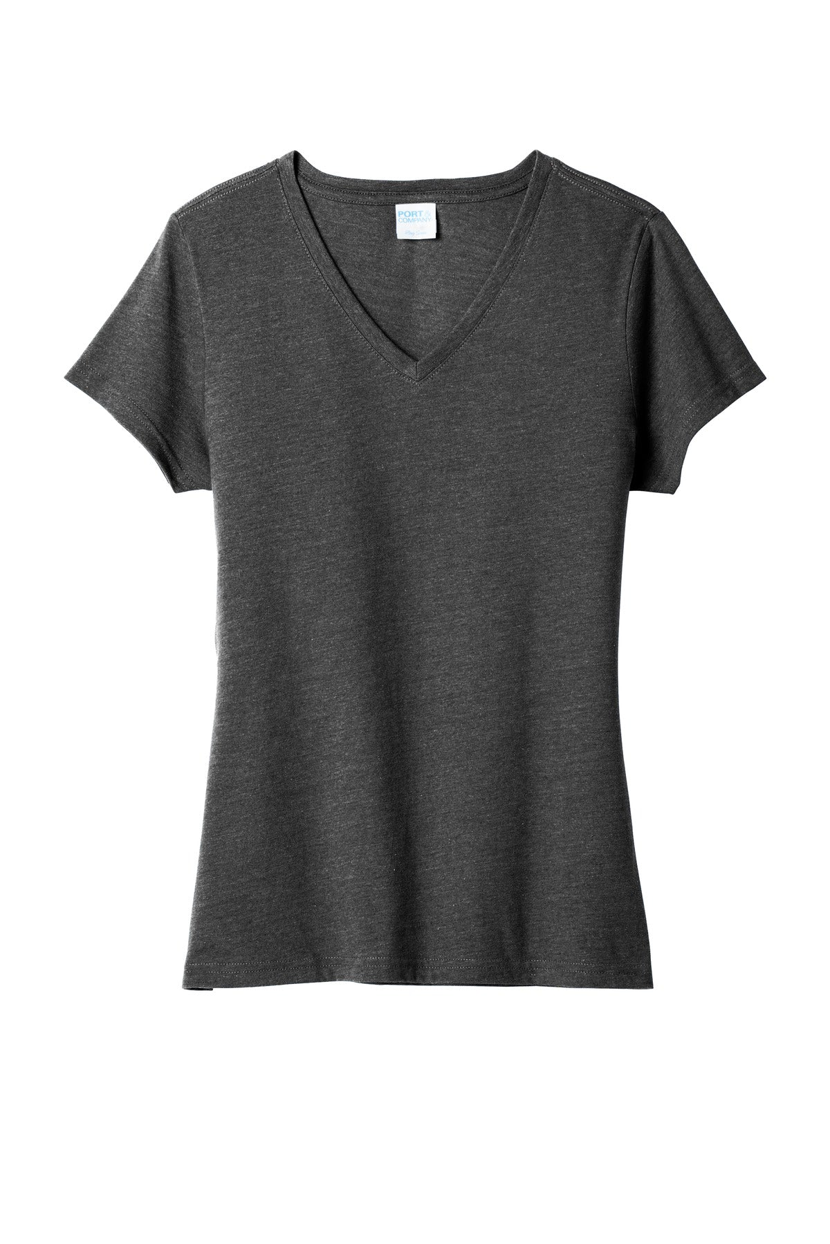 Front View of Black Hthr Port & Co Women's Fan Favorite Blend V-Neck Tee. LPC455V