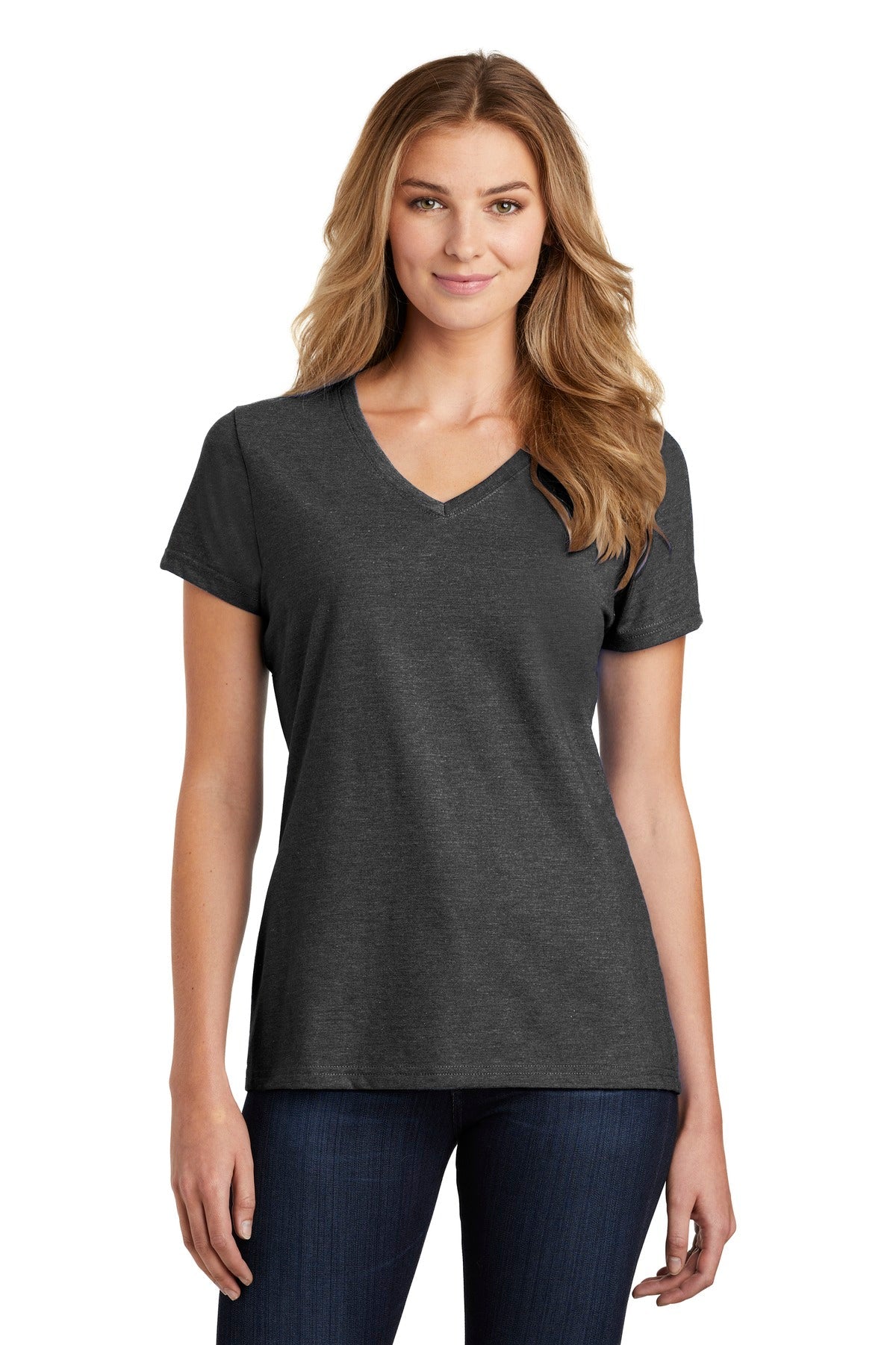 Front View of Black Hthr Port & Co Women's Fan Favorite Blend V-Neck Tee. LPC455V