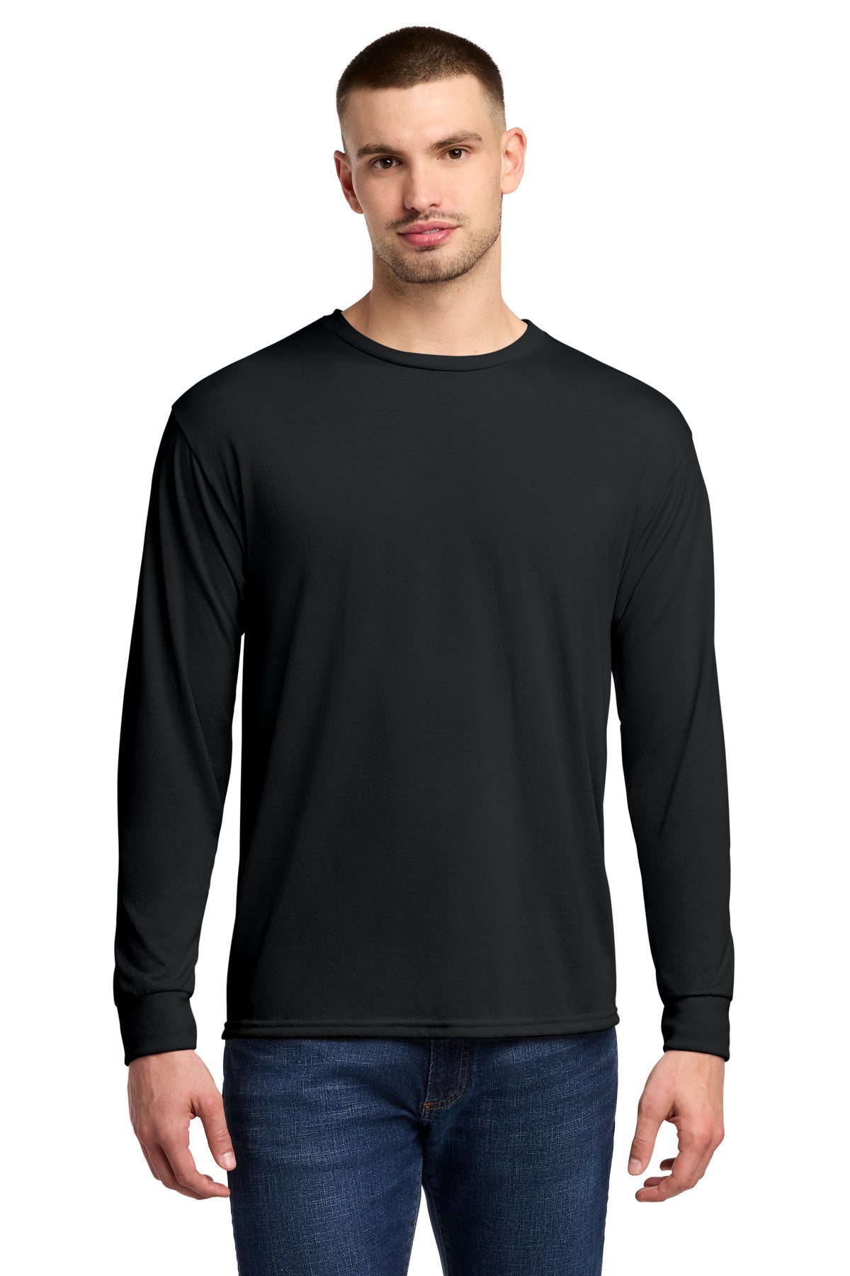 Front View of Black Jerzees Dri-Power 100% Polyester Long Sleeve T-Shirt 21LS