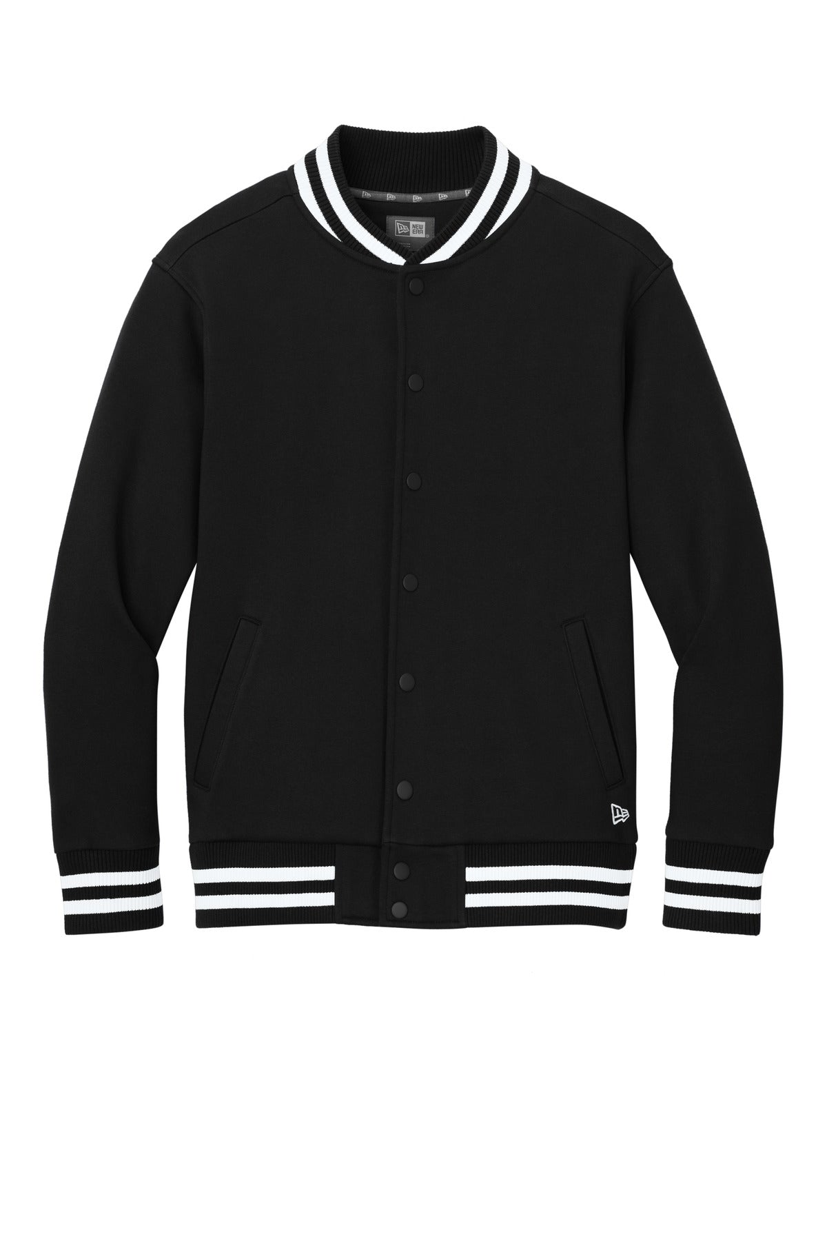 Front View of Black New Era Varsity Heavyweight Fleece Jacket NEA560