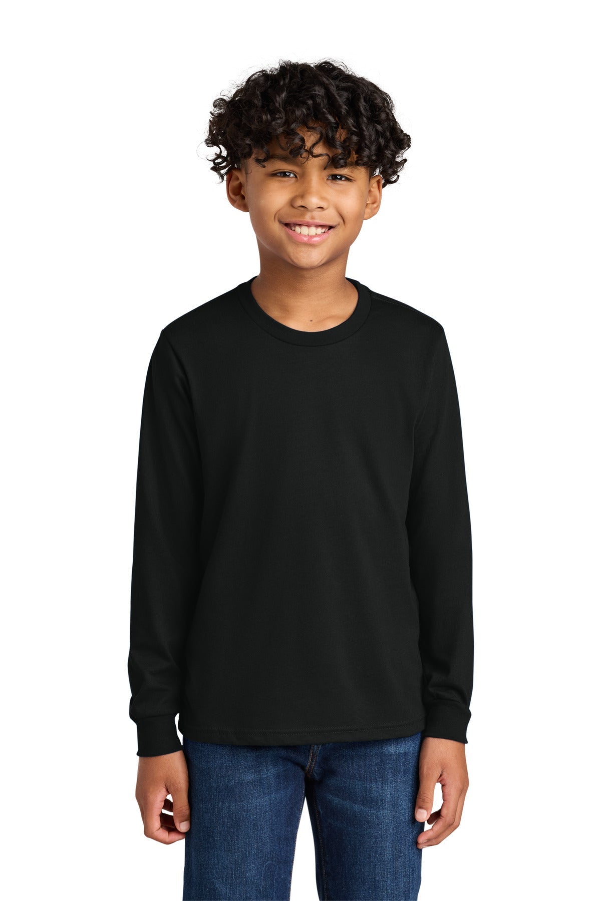 Front View of Black Next Level Apparel Youth Cotton Long Sleeve Tee NL3311