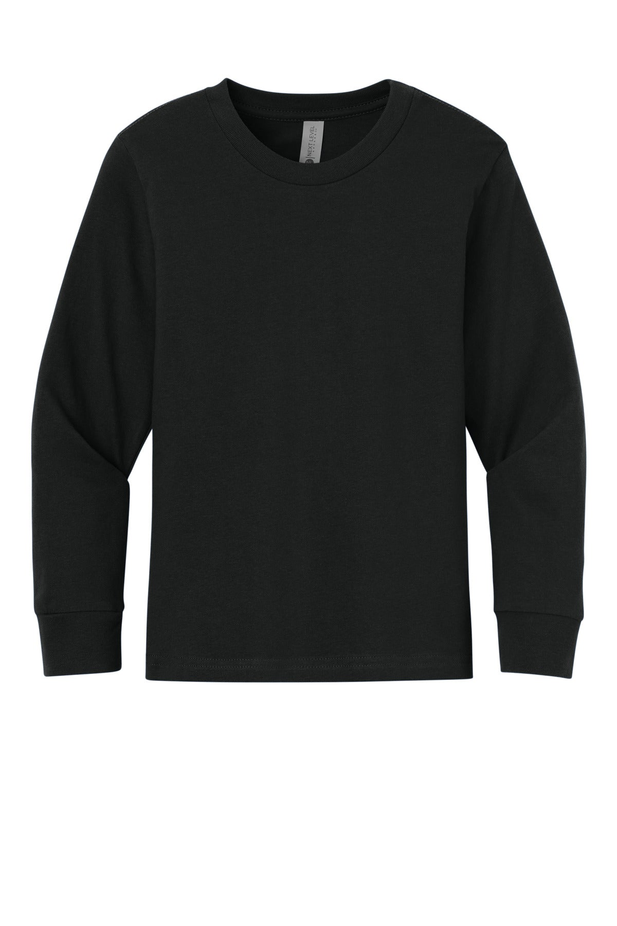 Front View of Black Next Level Apparel Youth Cotton Long Sleeve Tee NL3311