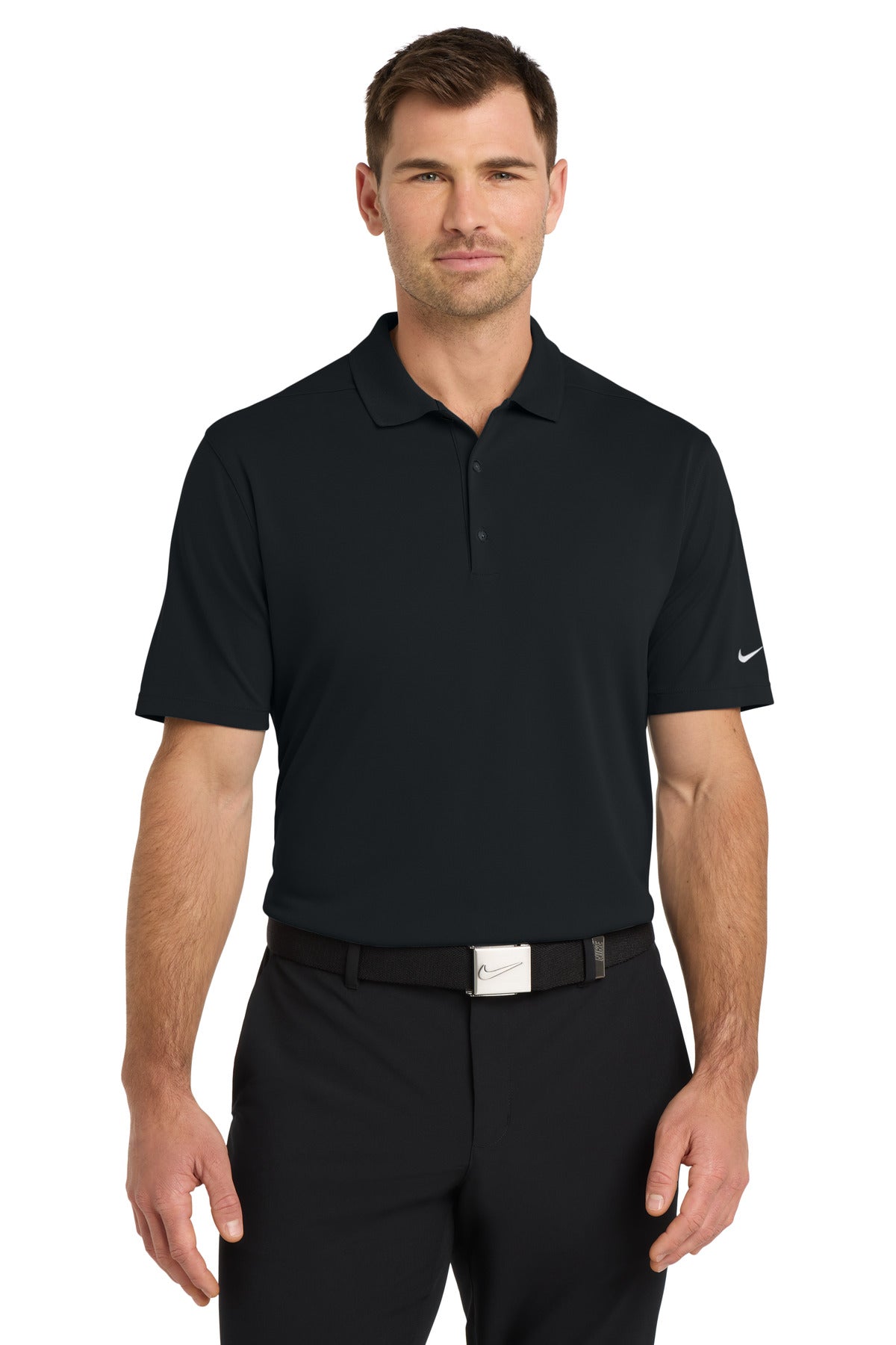 Front View of Black Nike Dri-FIT Micro Pique 2.0 Polo NKDC1963