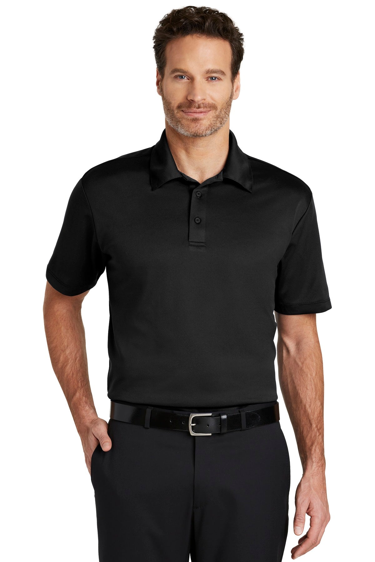 Front View of Black Port Authority Silk Touch Performance Polo. K540