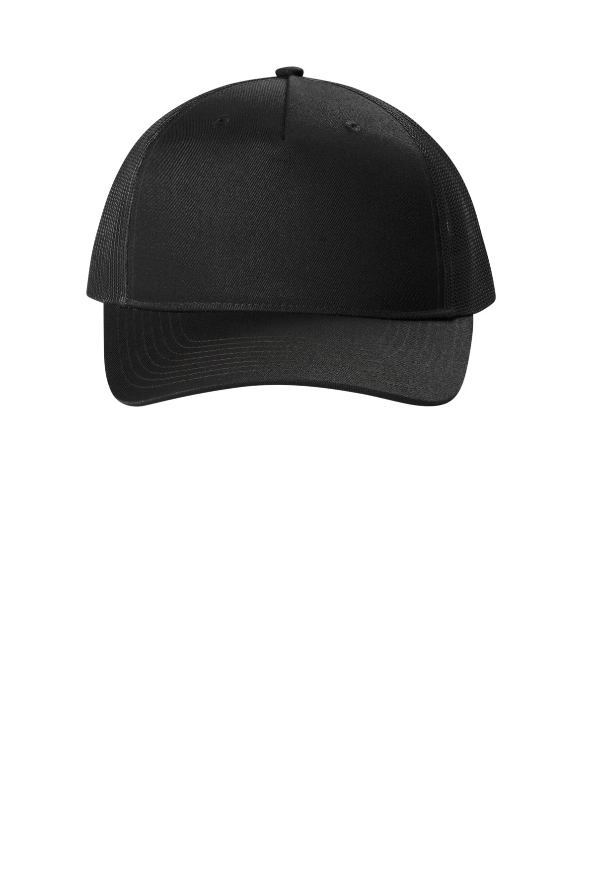 Front View of Black Port Authority Snapback Five-Panel Trucker Cap C405