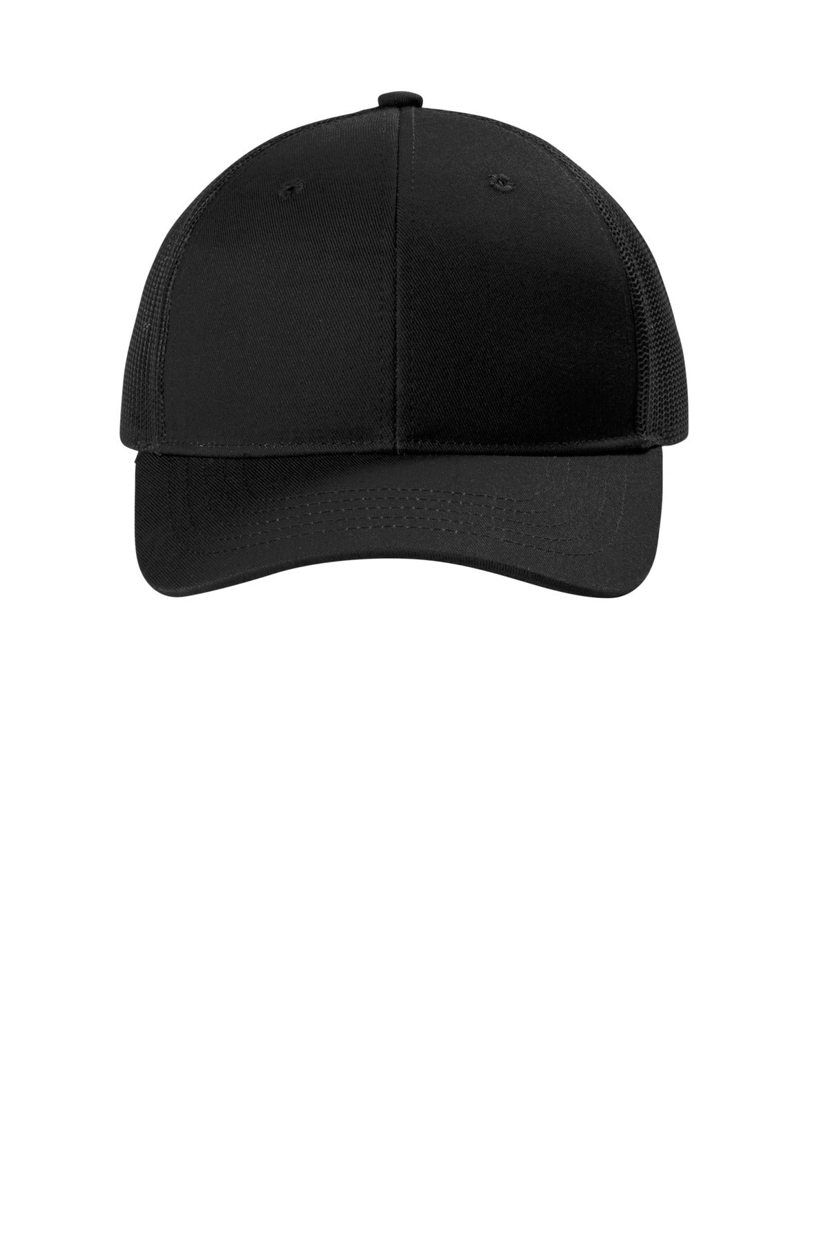 Front View of Black Port Authority Youth Snapback Trucker Cap YC402