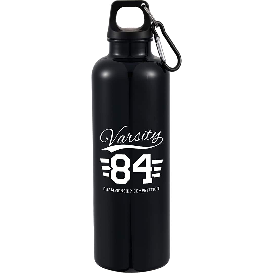 Front View of Black Race 25oz  Recycled Bottle with Carabiner