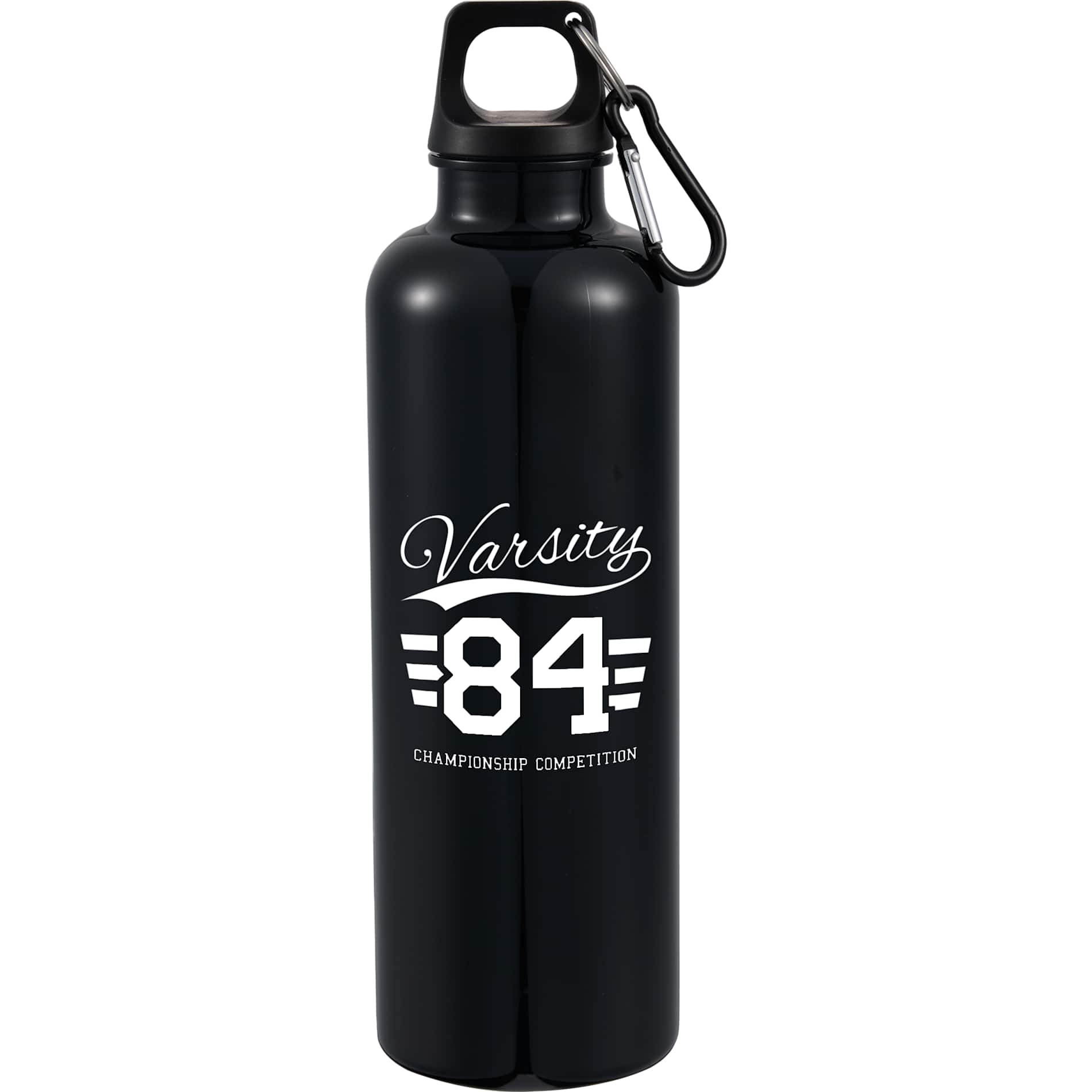 Front View of Black Race 25oz  Recycled Bottle with Carabiner