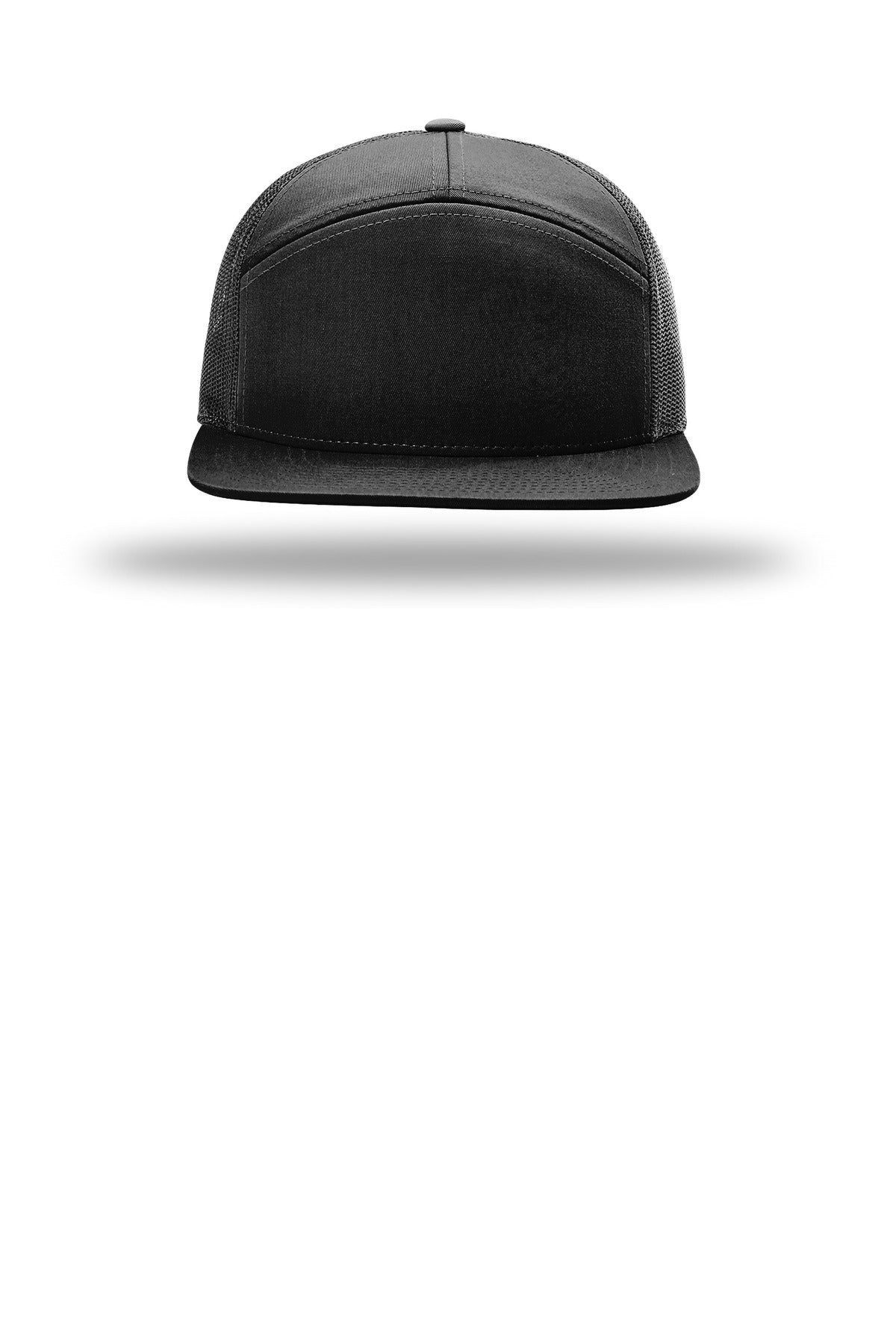 Front View of Black Richardson 7-Panel Trucker 168