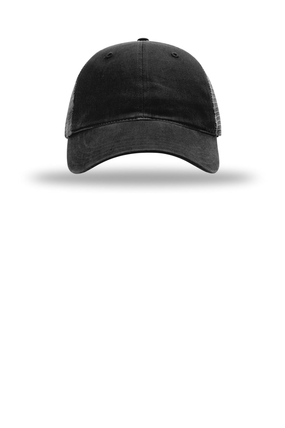 Front View of Black Richardson Garment Washed Trucker 111