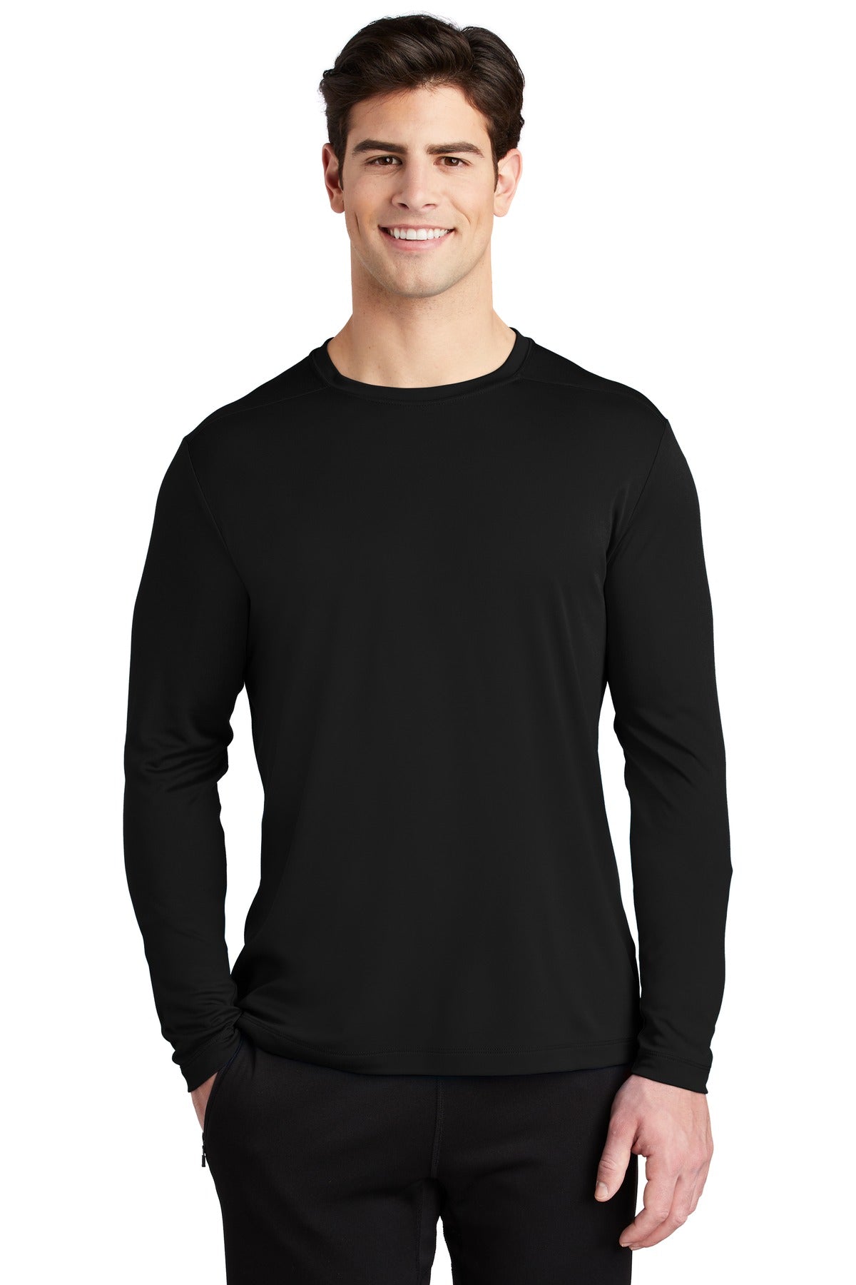 Front View of Black Sport-Tek Posi-UV Pro Long Sleeve Tee. ST420LS