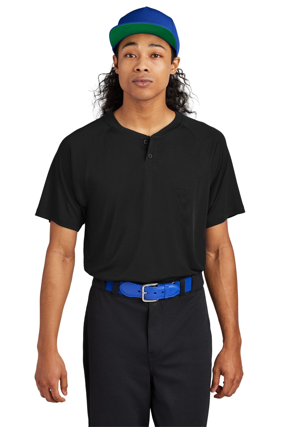 Front View of Black Sport-Tek PosiCharge Competitor 2-Button Henley ST359