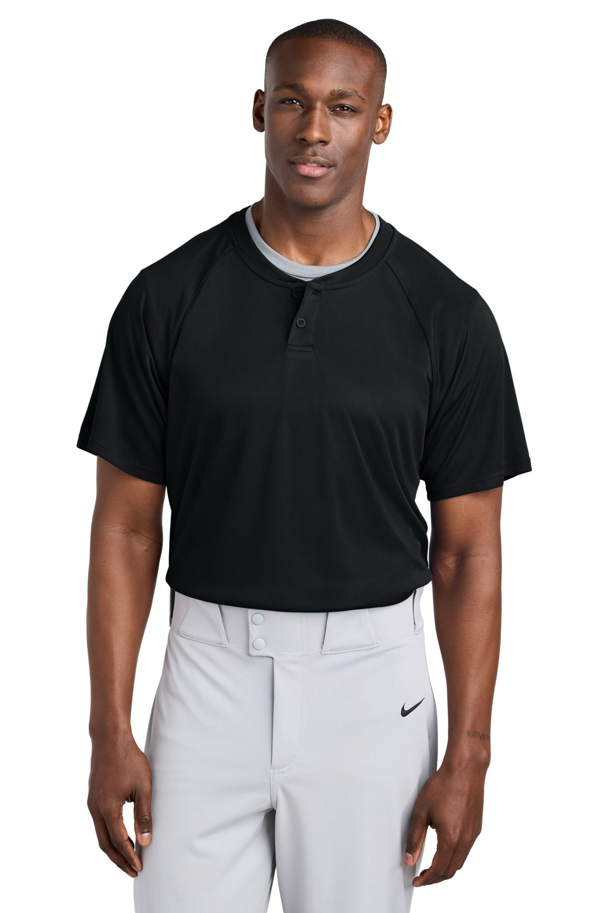 Front View of Black Sport-Tek PosiCharge Competitor 2-Button Henley ST359