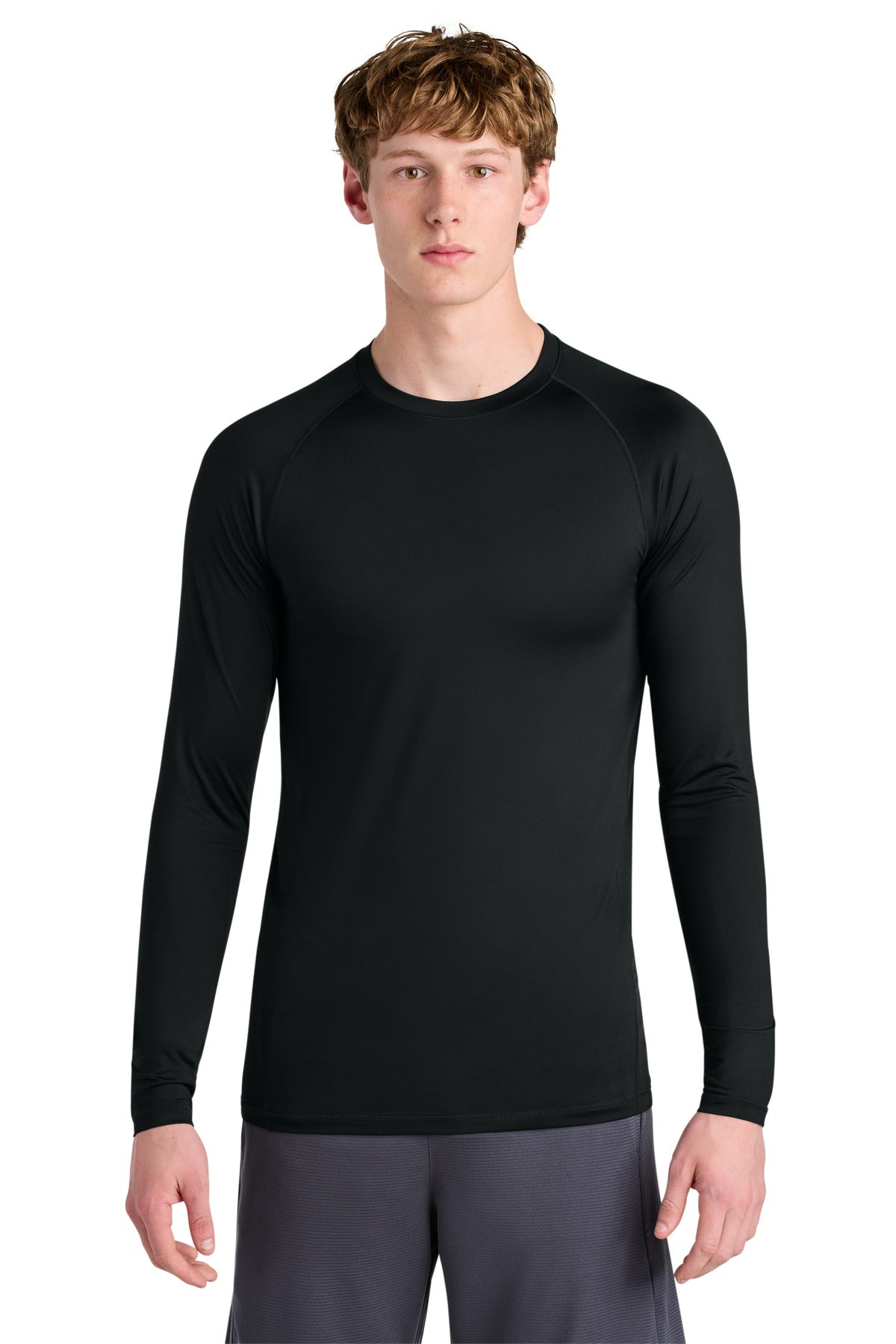Front View of Black Sport-Tek PosiCharge Compression Long Sleeve Tee ST120LS