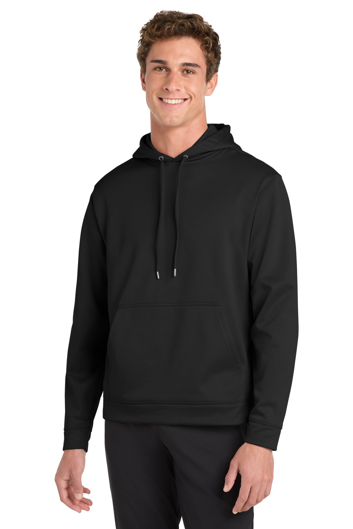 Front View of Black Sport-Tek Sport-Wick Fleece Hooded Pullover. F244