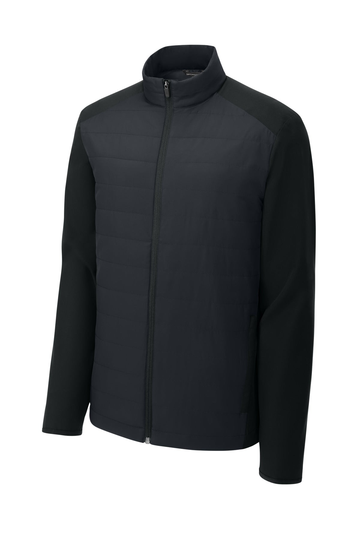 Front View of Black Sport-Tek Teknical Hybrid Jacket ST940