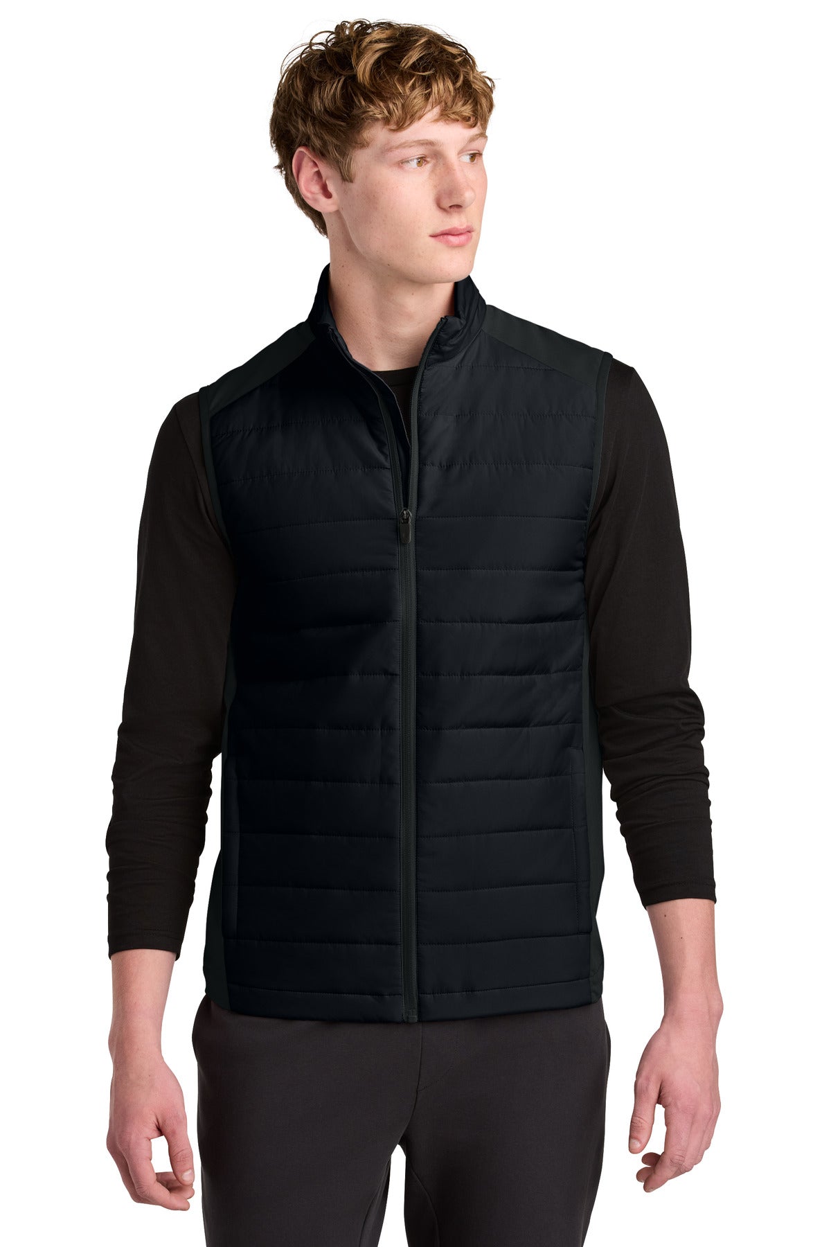 Front View of Black Sport-Tek Teknical Hybrid Vest ST941