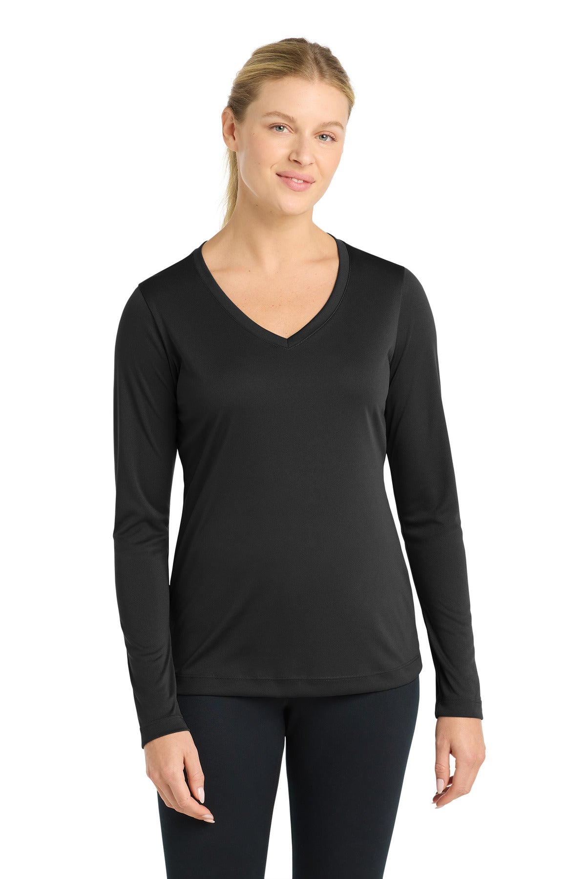 Front View of Black Sport-Tek Women's Long Sleeve PosiCharge Competitor V-Neck Tee. LST353LS