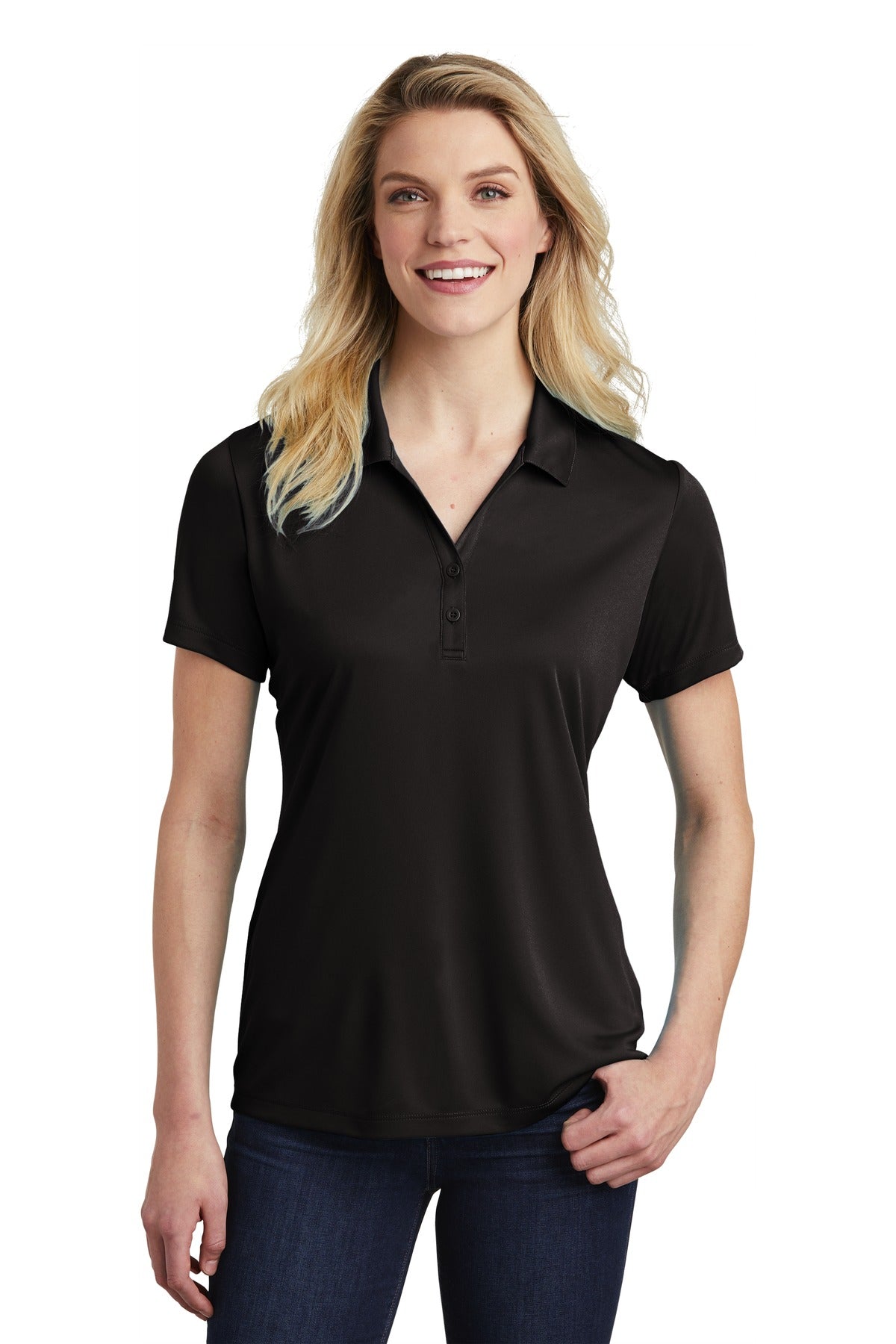 Front View of Black Sport-Tek Women's PosiCharge Competitor Polo. LST550