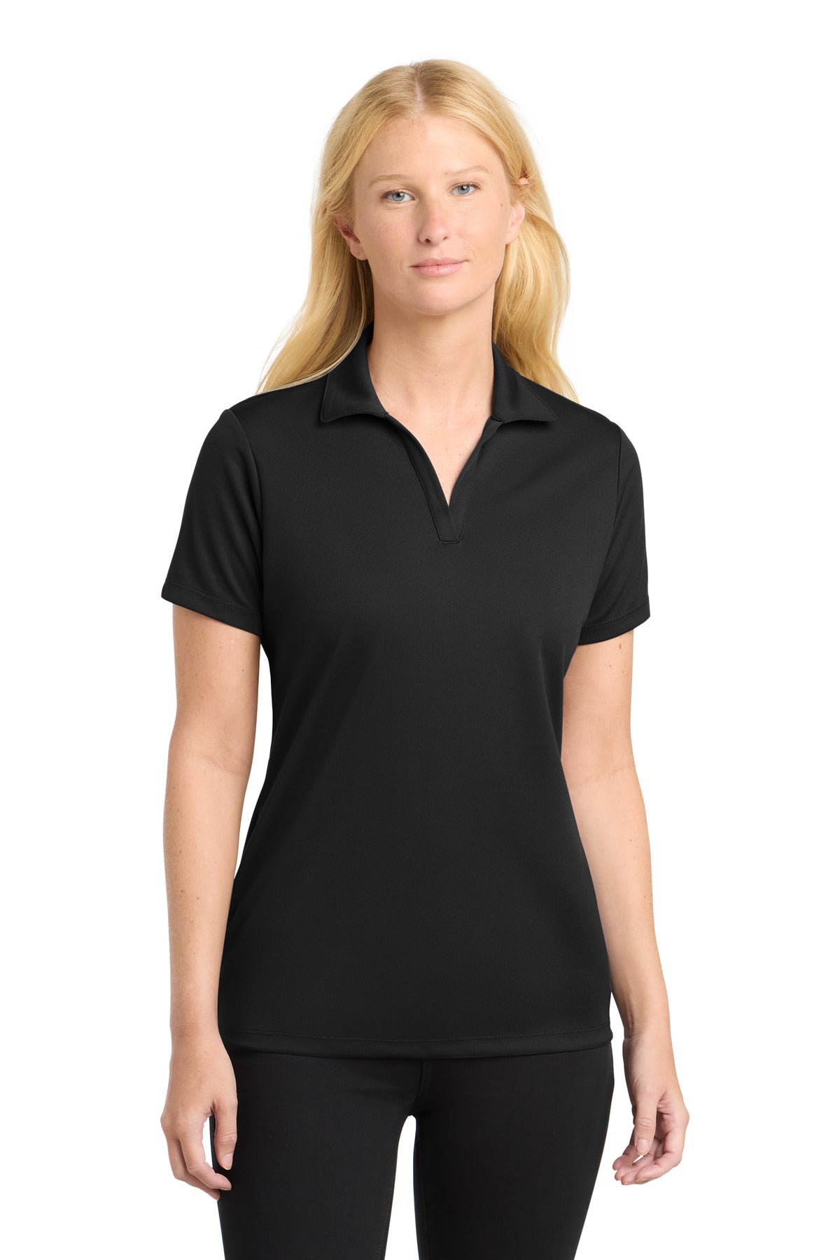 Front View of Black Sport-Tek Women's PosiCharge RacerMesh Polo. LST640