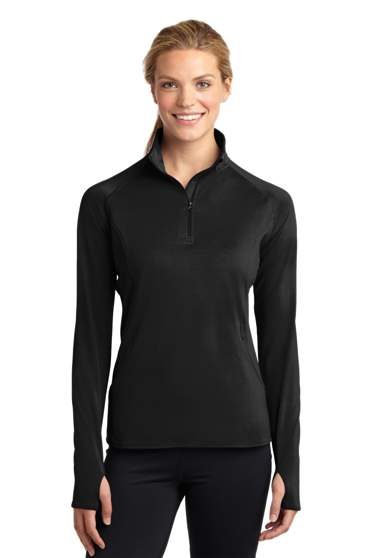 Front View of Black Sport-Tek Women's Sport-Wick Stretch 1/4-Zip Pullover. LST850