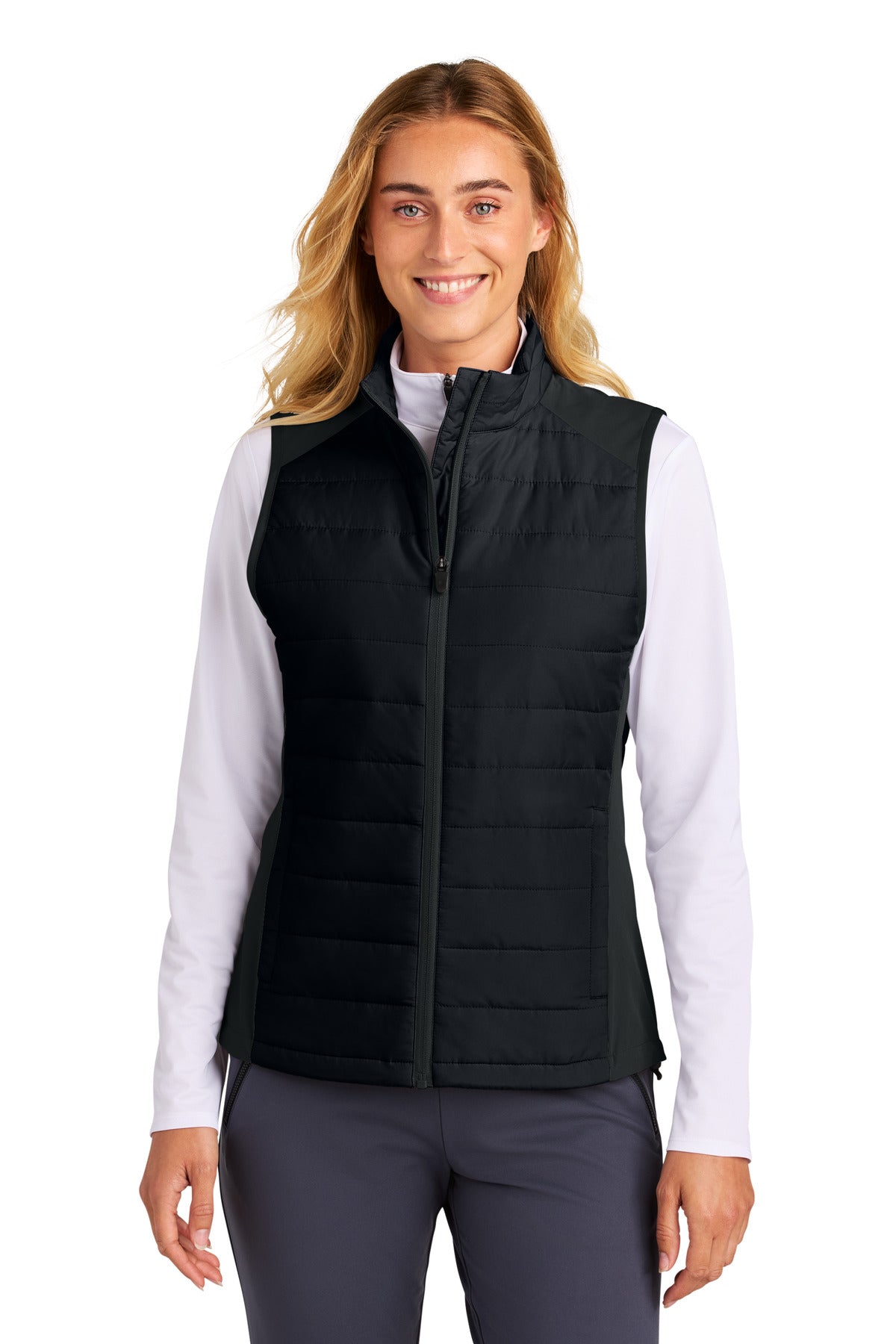 Front View of Black Sport-Tek Women's Teknical Hybrid Vest LST941